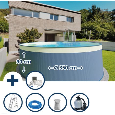 Stahlwandpool Set (6-teilig) hoch rund 350 x 90 cm, Stahl 0,3 mm anthrazit Folie 0,2 mm sand (1/5)