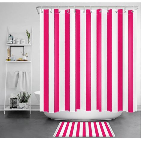 Ensemble rideau de douche à rayures rose vif et blanches avec tapis, rideau de douche moderne à rayures verticales abstraites avec crochets, salle de bain vintage minimaliste (1/5)