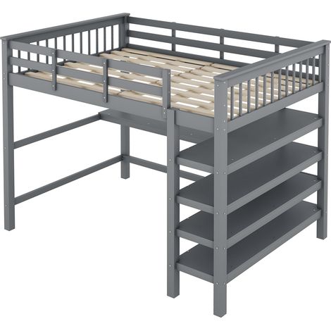 Cama alta infantil 140 x 200 cm gris con escritorio y estantes en pino y MDF sin colchón (1/5)