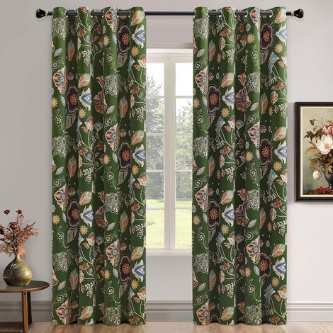 Rideaux Mosaïque Verte Rétro à Motifs Botaniques 214cm Tout-en-un 2 Panneaux Thermoisolation Fixation par Oeillets Cottagecore de Luxe pour Chambre/Salon FloB Moss Green52/84 (1/5)