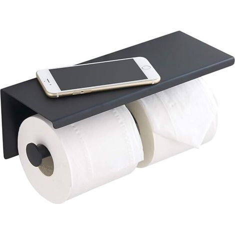Lntyq Porte-papier hygiénique - Porte-rouleau de papier toilette en acier inoxydable avec étagère murale pour salle de bain (noir, double tête) (1/5)