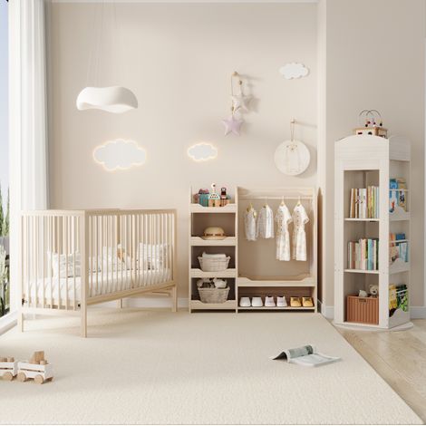Lit bébé combiné multifonction 140 x 60 cm avec armoire et étagère pivotante, naturel (1/5)