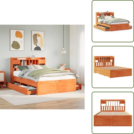 Massivholzbett mit Regal ohne Matratze Wachsbraun 150x200 cm - Bett Mit Regal - Bett Mit Bücherregal - Holzbett Mit Regal - Holzbett Mit Bücherregal (1/5)