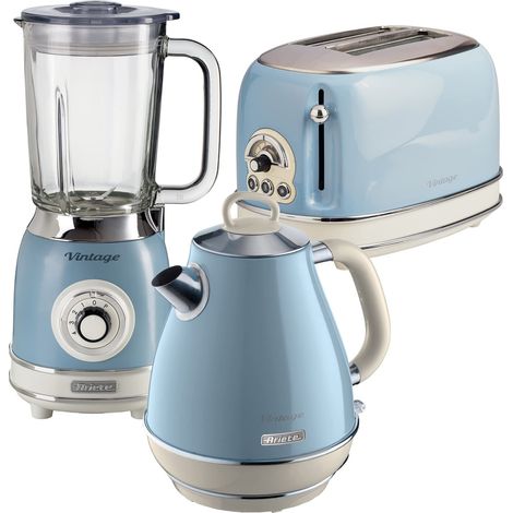 Ariete ARPK24 Retro Style Jug Kettle, 2 Slice Toaster & Jug Blender Set, Vintage Design, Blue
