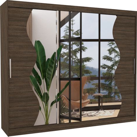 Grande armoire de chambre à coucher 3 portes coulissantes marron et miroir biseauté Kola 250cm (1/5)