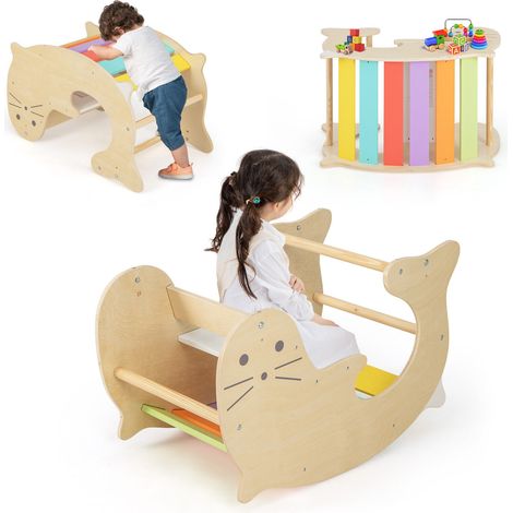 COSTWAY 3-in-1 Kids Climbing Toy Set Indoor Arch Climber Toddlers Wooden Rocking Horse (1/5)