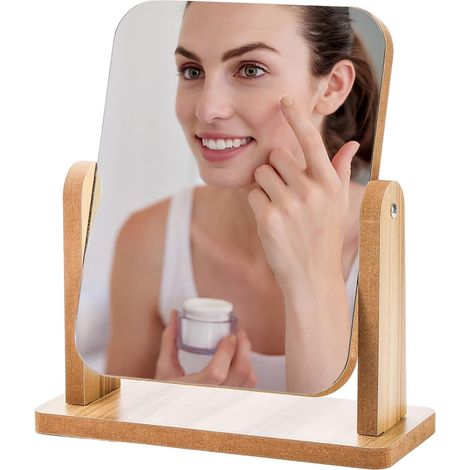 Espejo cosmético de madera - Espejo de pie pequeño de 360° - 21 x 18 cm - Con soporte - Espejo de maquillaje de madera - Espejo de afeitar - Espejo de sobremesa - Espejo de escritorio - Para baño, dor (1/5)