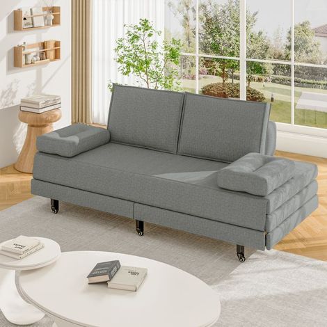 Sofá Cama 2 Plazas Convertible Gris en Lino 90x200cm transformable 180x200cm (1/5)