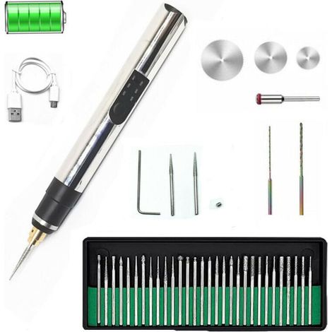 Stylo de gravure électrique, lot de 42, graveur sans fil rechargeable USB, graveur rotatif portable bricolage pour gravure sur pierre, bois, verre. argent. (1/4)