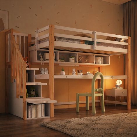 Lit mezzanine enfant 90x200 cm, bureau intégré, étagères, escalier rangement, bois massif + MDF, sans matelas - FloraGrace
