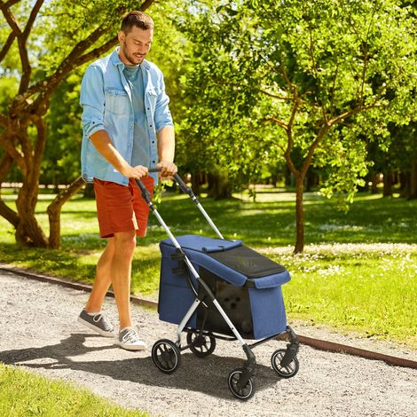 Poussette pour chien et chat en aluminium léger et pliable, jusqu'à 10 kg, avec coussin, fenêtres en filet, portes, panier de rangement, buggy bleu foncé (1/5)