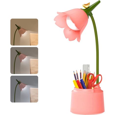 Lampe De Bureau LED Dimmable Avec Porte-Stylo: Capteur Tactile Et Bras Flexible, USB Rechargeable, 3 Températures De Couleur, Pour Étudiant Apprendre Et Lire (Rose) (1/5)