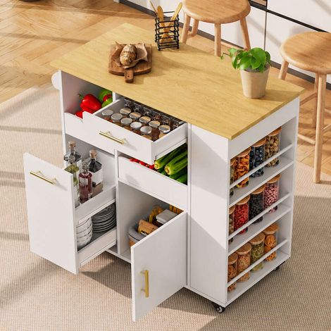 Îlot Central Cuisine Mobile - Tiroir Coulissant 2 Niveaux - Roulettes Verrouillables - Blanc et Naturel (1/5)