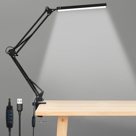 Randaco Lámpara de escritorio LED 10 W con pinza, 80 LED, 3 temperaturas de color, 10 niveles de brillo, brazo articulado regulable, USB, negra (1/5)