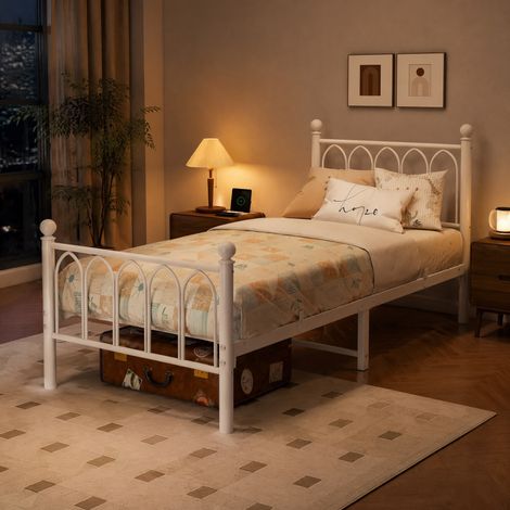Letto 90x200 cm in metallo bianco con LED e USB salvaspazio - senza materasso - MEUBLIV (1/5)