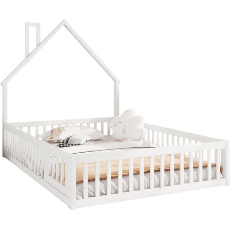 Lit enfant en pin et MDF blanc 140x200 cm avec barrières de sécurité, forme cheminée, sommier à lattes inclus (1/5)