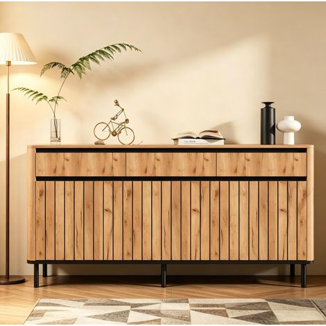 Sideboard mit 3 Lamellentüren und 3 Schubladen, 6 Metallfüßen, Abgerundeten Kanten, für Wohnzimmer 160×40×73 cm (1/5)