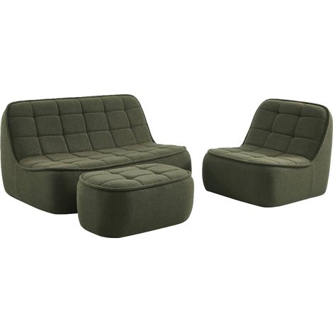 sweeek - 3-Sitzer Sitzgruppe mit Sofa, Sessel und Hocker, strukturierter Bouclé-Bezug, Strukturiertes  Bouclé, Khaki