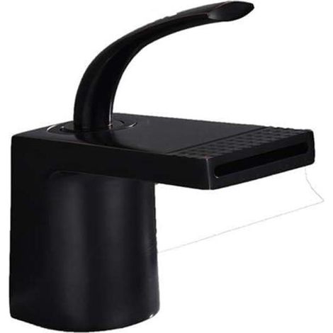 Modern bathroom sink faucet with brushed black and brass waterfall design, single handle, hot/cold water (1/5)