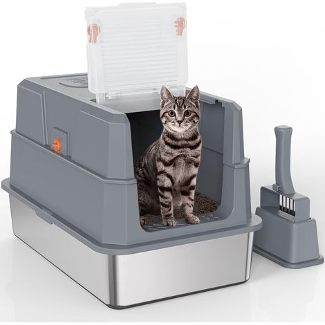 XL Stainless Steel Litter Tray with 180° Folding Lid, Large Closed Stainless Steel Litter, Cat Litter Tray with Scoop, 58.5 x 37 x 37.5 cm, Dark Grey (1/5)