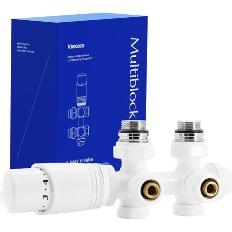 - Multiblock-Set - Thermostatventil - 50 mm Zentralanschluss - Modernes Design aus massivem Messing mit weißer Oberfläche für Heizkörper in Bad, Schlafzimmer und Küche (Weiß) (1/5)