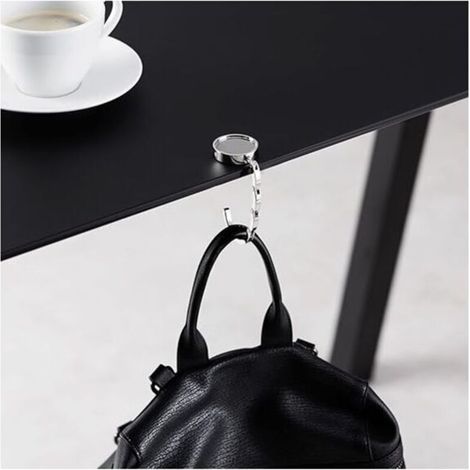ganci per borse, supporto pieghevole in alluminio, fissaggio a scrivania/tavolo, antiscivolo, portata massima 3 kg, per uso interno. (1/4)