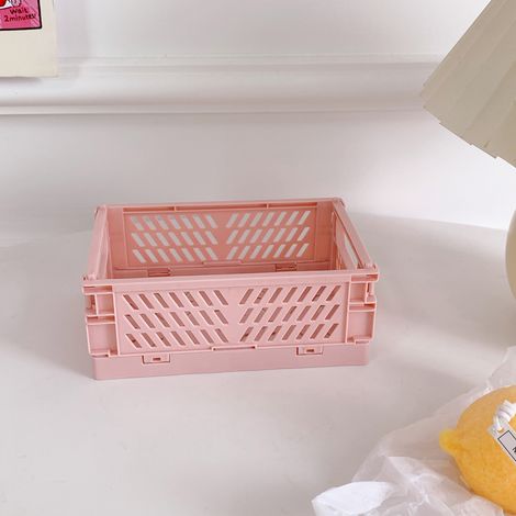 Panier de rangement miniature plastique dépliable, petit organisateur avec poignée pour stylos, snacks, cosmétiques (rose)