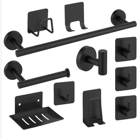 JF HOME BLISS 11-Piece Bathroom Accessory Set  Stainless Steel Towel Rack and Toilet Paper Holder with Adhesive Hooks, Towel Hooks, and Wall-Mounted Bathroom Hardware (Black) (1/5)