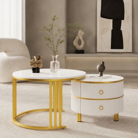 Mesa de centro redonda 2 en 1 70 x 70 x 46 cm y 50 x 50 x 40 cm MDF blanco y dorado HAVRYA (1/5)