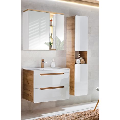Badmöbel Set LUTON-56 Keramik-Waschtisch & LED-Spiegelschrank, Hochglanz weiß mit Wotan Eiche Nb. Nb. B/H/T ca. 131/195/46 cm (1/5)