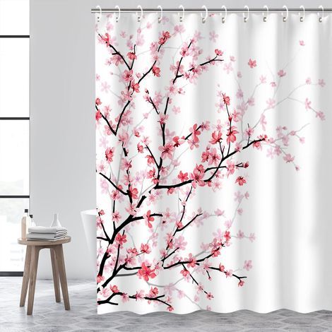 Tenda da doccia in tessuto con 12 ganci, motivo fiori di ciliegio, lavabile in lavatrice, bianca, 180 x 200 cm (L x A) (1/5)
