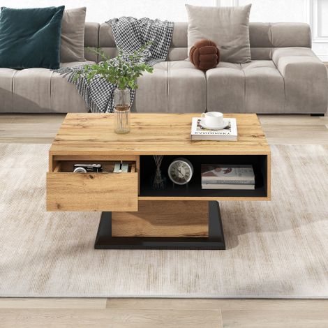Table froide en grain de bois, avec un tiroir sans hier, un compartiment de stockage et un compartiment de stockage arrière, un espace de stockage à double facteur. Bureau, salon-sofatique (1/4)
