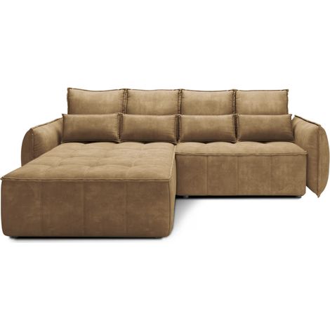 Canapé d’angle tissu effet cuir KAMPUS – Convertible et rangement angle droit-Marron clair-angle droit (1/5)