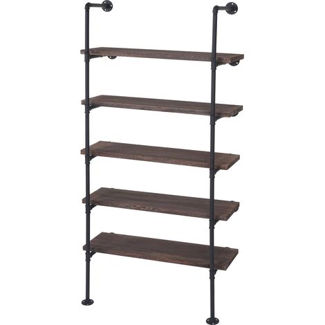 Scaffale libreria industriale HHG-451 metallo legno di paulonia 5 ripiani 28x80x165cm marrone (1/5)
