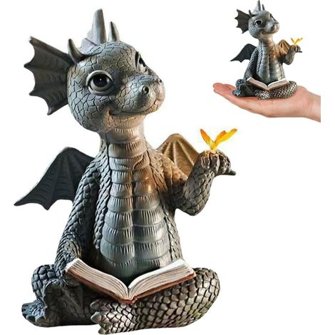 JeiibrZui Sculptures Artisanales Jardins - Dragon en Résine avec Livre Ouvert - Statue de Jardin Extérieure - Détails Peints à la Main - Cadeau Idéal pour Maman (1/5)