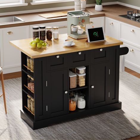 Table cuisine mobile 132 cm plan pliable tiroir porte-épices serviettes 4 roulettes prise intégrée