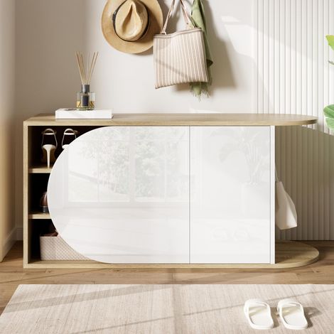 Scarpiera con panca, finitura lucida senza maniglie, 2 ante e gancio, design moderno - Bianco e legno (1/5)