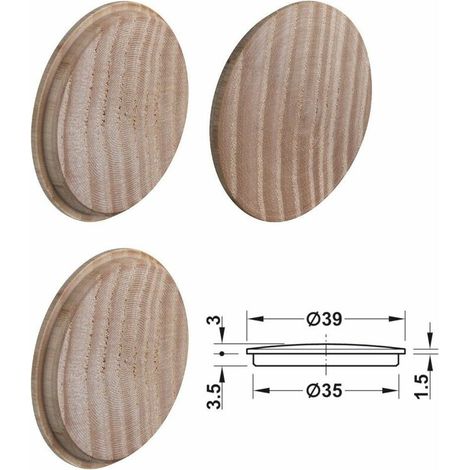 – Lot de 4 caches trou en bois naturel 35 mm – Pour recouvrir vis – Bois véritable pour finition soignée – Ponçable et teintable (1/2)