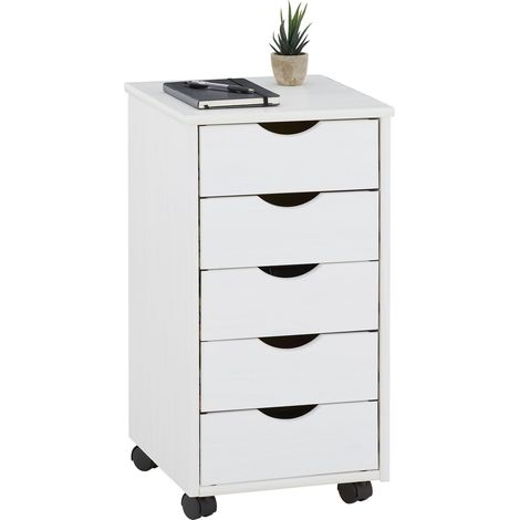 Idimex – Caisson de bureau sur roulettes 5 tiroirs – Dimensions 65 x 35 x 40 cm – Pin massif lasuré blanc – Surface résistante aux éraflures