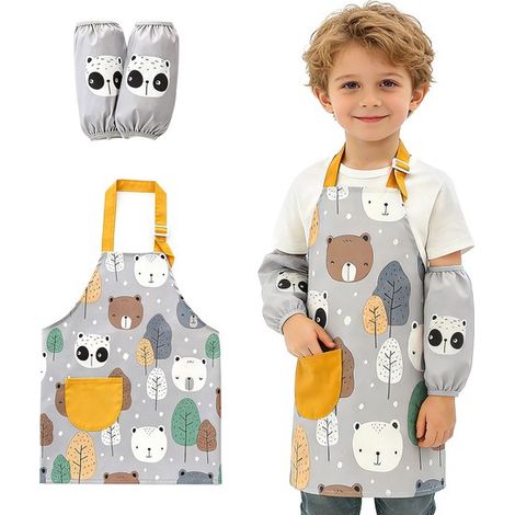 Set composto da grembiule e maniche regolabili e impermeabili per bambini. Grembiule da cucina con tasche per bambini e bambine, ideale per cucinare, preparare dolci, dipingere e fare giardinaggio. (1/5)