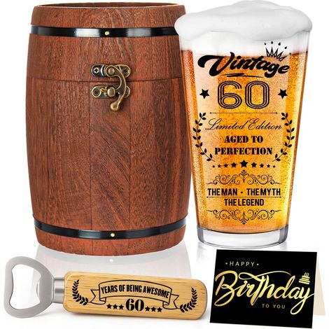 Cadeaux pour 60e cadeaux pour hommes, verre à bière personnalisé avec gravure, verre à bière 1966 dans boîte à fût, 470 ml, décoration pour 60e anniversaire avec carte d'anniversaire (1/5)