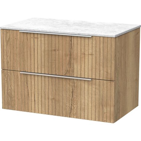Callingwood Contemporary Wall Hung 2 Drawer Vanity Unit with White Marble Worktop , 800mm, Autumn Oak