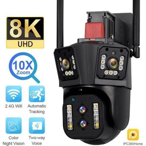 Telecamera di sorveglianza esterna da 16 MP, 8K con zoom 10x, quattro obiettivi, tre schermi PTZ, Wi-Fi, visione notturna e sicurezza a colori. (1/4)