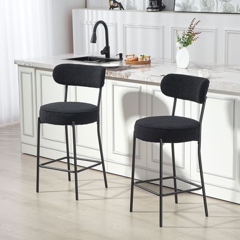 Tabourets de Bar Tissu Bouclette Lot de 2 Dossier Courbé Repose-Pieds 49x52x95 cm Noir (1/5)