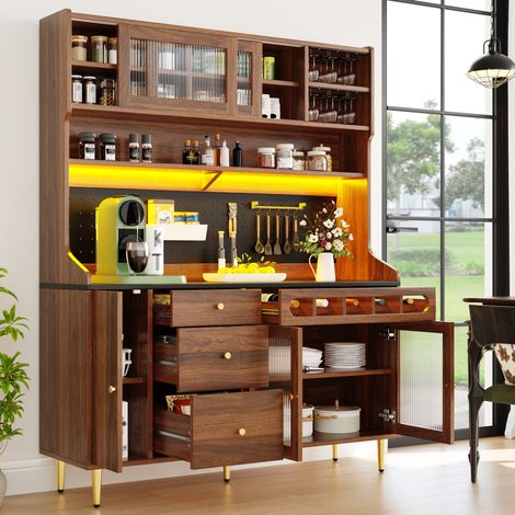 Haut meuble de rangement 145x39x171 cm en MDF, verre, noyer, LED, gain de place – MEUBLIV (1/5)