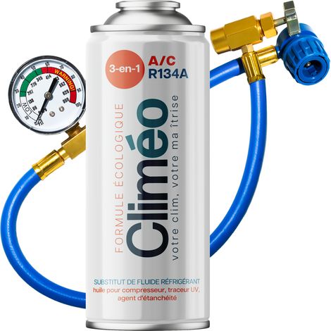 Climeo 3in1 400ml + tubo con manometro - Refrigerante ecologico + SEAL R134a/R12  Manutenzione aria condizionata indipendente