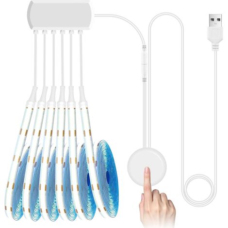 6 rouleaux 1M blanc COB LED Strip Kit, 5V USB COB LED Strip Light avec Hide Touch et Hand Sweep Dimmer Switch pour le panneau acoustique, étagères, vitrines (1/5)