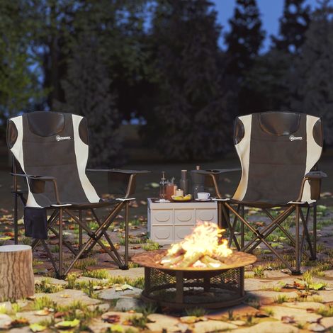 Lot de 2 sièges de camping pliables avec accoudoirs, porte-verre, repose-tête et sac réfrigérant, chaise extérieure pliante support 120 kg, rembourrée, pour jardin et pêche.