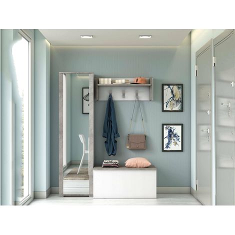Dmora - Mobile da ingresso Mirtilla, Entratina moderna con appendiabiti, Mobile con scarpiera, Armadietto con specchio, Cm 50x32h182, Bianco e Cemento, con imballo rinforzato (1/5)