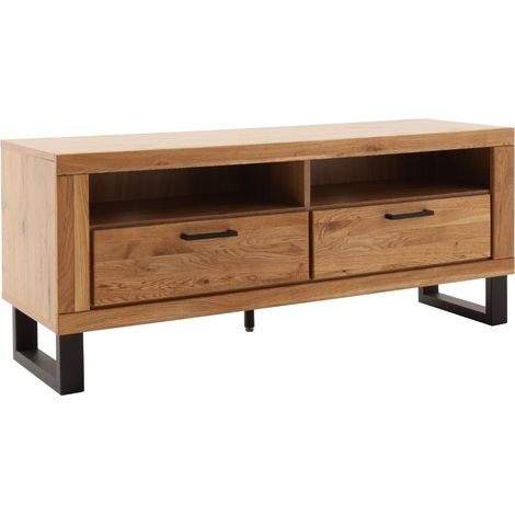 Meuble TV 2 niches et 2 tiroirs coloris chêne massif - Longueur 138 × Profondeur 45 × Hauteur 57 cm (1/4)